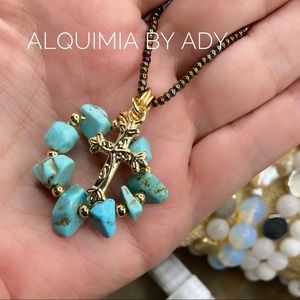 Alquimia Arizona turquoise gold cross pendant gemstone necklace